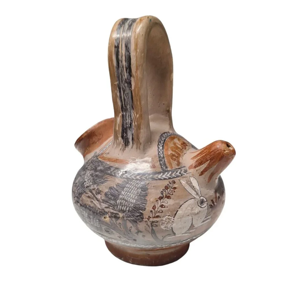 Tonala Pottery Double Spout Water Jug Rabbit Floral Agave Design Mexico Folk Art